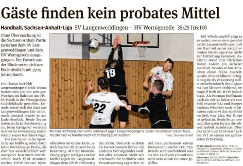 Volksstimme Bericht zum Spiel der 1. Mannschaft in Langenweddingen 26.10.15